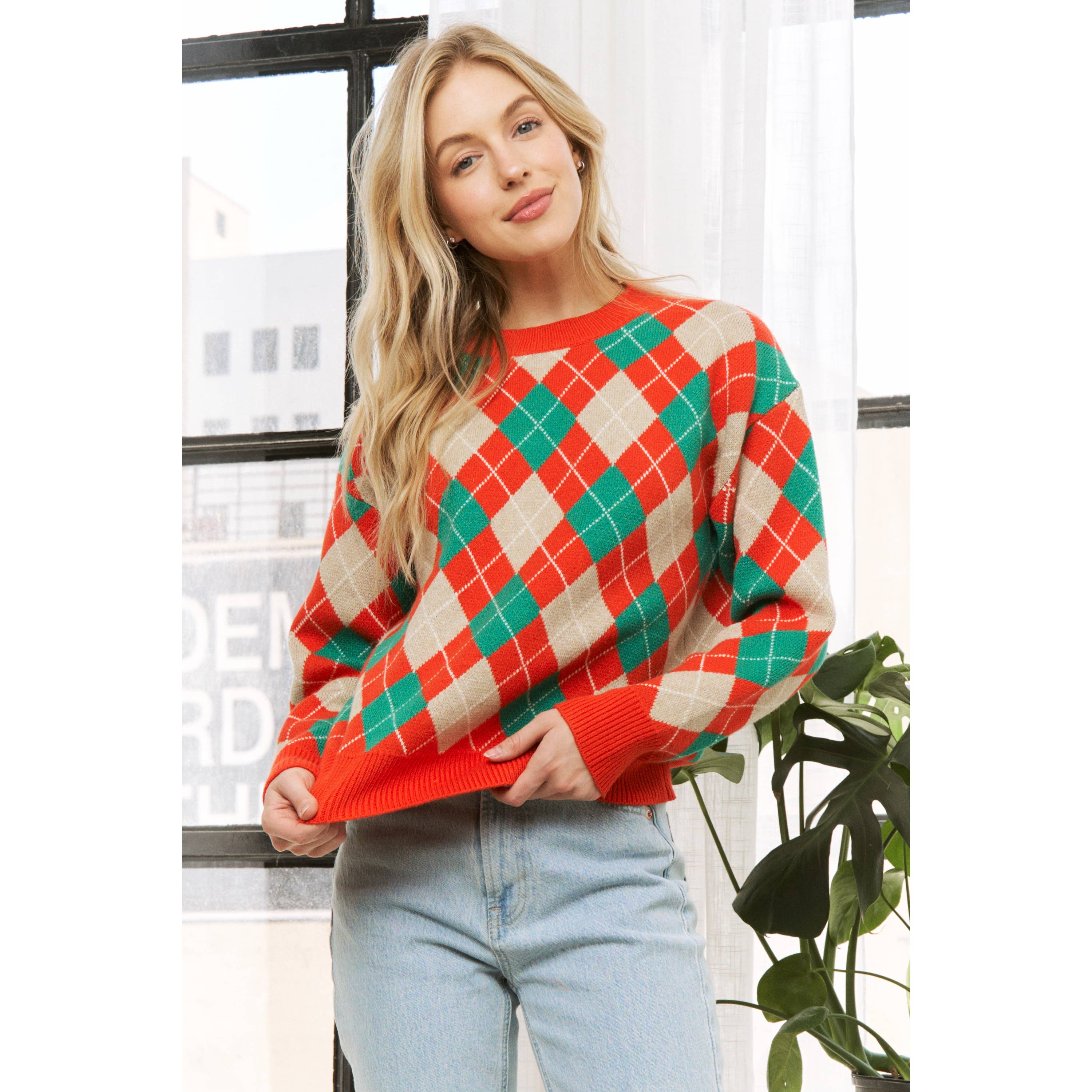 Sweet Generis - Wholesale Knit Sweater - Women's - HOLIDAY ARGYLE PATTERN DROP SHOULDER PULLOVER SWEATER6