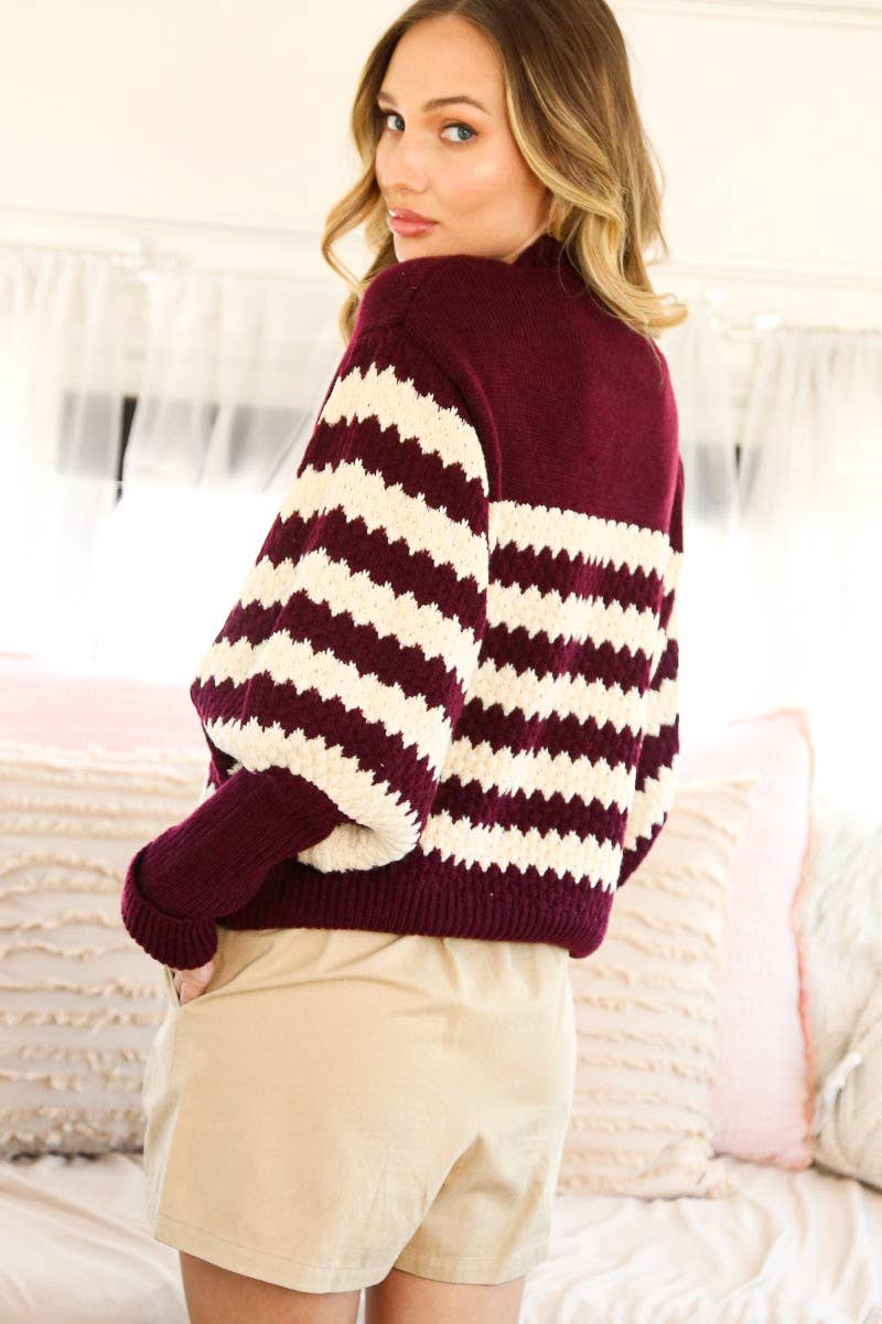 Vine & Love - Wholesale Knit Sweater - Women's - Ribbed Mock Neck Textured Striped Knitted Sweater VT7033216