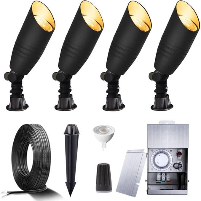 Brass Landscape Lighting Kit (4 Pack LED Spotlights) with 75W Low Voltage Transformer and Mechanical Timer and 100 Feet Cable and 20 Pack Wire Connectors for wholesale by OutdoorSolarOutlet