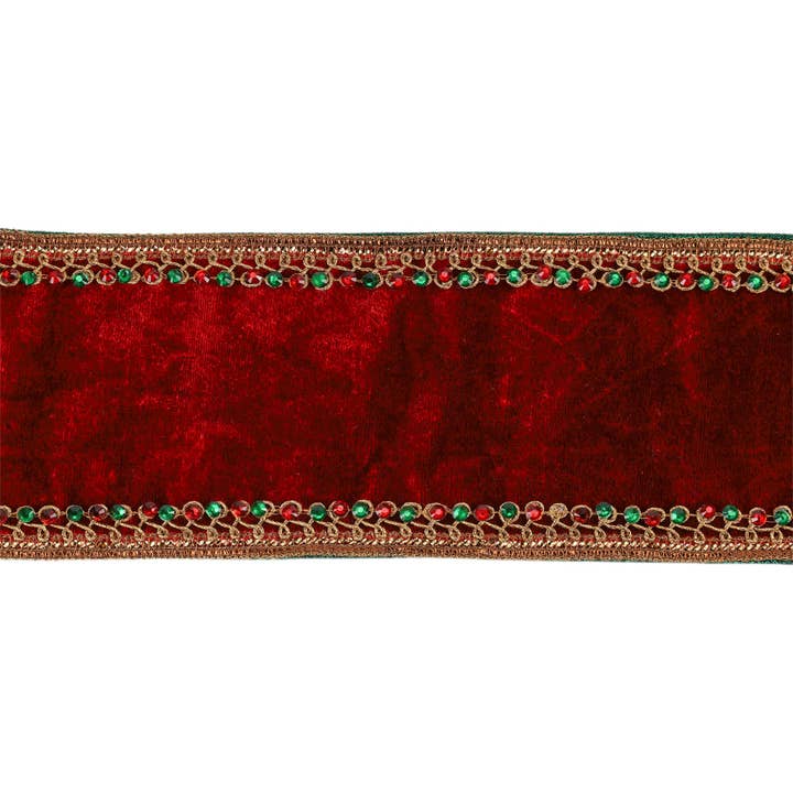 LA Ribbons Wholesale - Wholesale Ribbon - Gift Wrapping - 4" Wired Premium Velvet Ribbon | Jeweled Trim Red | 5 Yard Roll
1
