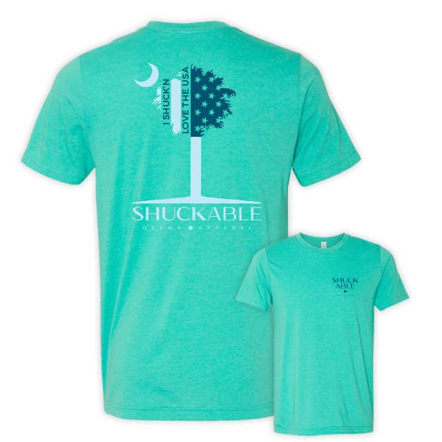 Camiseta Shuck'n Love The USA Palmetto - Impressão azul-petróleo e azul-marinho por atacado de Shuckable