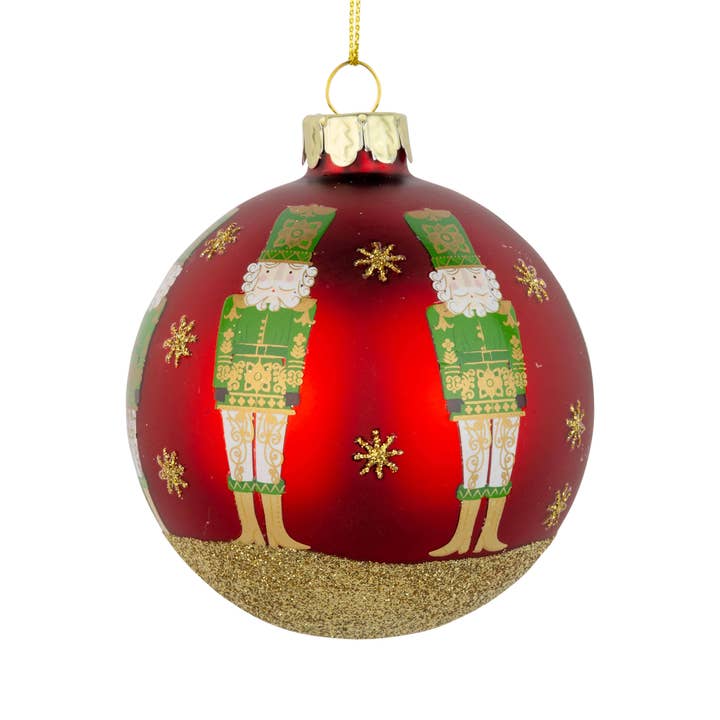 G74295: Gls ball orn,mat dk rd ncrckr,gld star,base,80mm/3in for wholesale by Silver Tree Home & Holiday