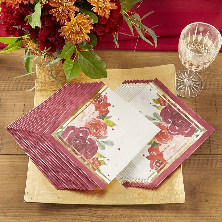 Kate Aspen - Wholesale Disposable Napkin - Burgundy Blush Floral 2 Ply Paper Napkins (Set of 30)