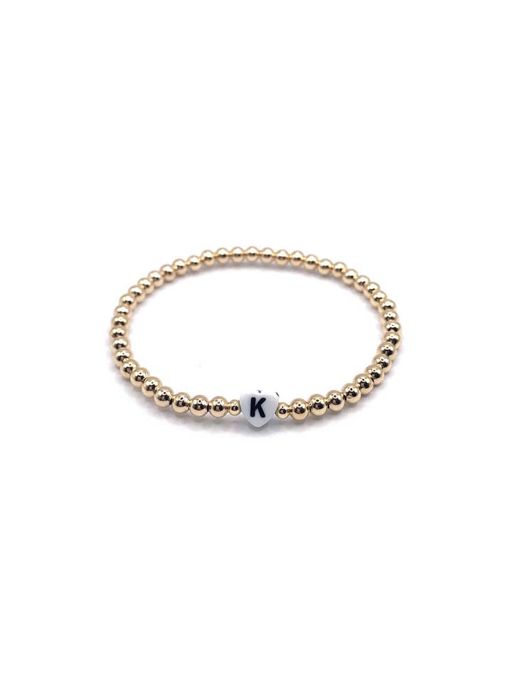 Handmade Custom Initial Stretchy Gold Ball Beaded Bracelet for wholesale by Kaylie Dawn Jewelry