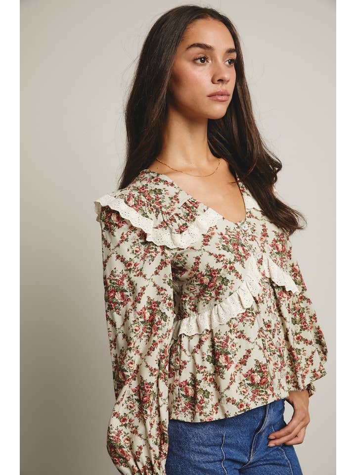 Forte - Wholesale Blouse – Women’s - Eyelet Ruffle Floral Peplum Blouse FT001215