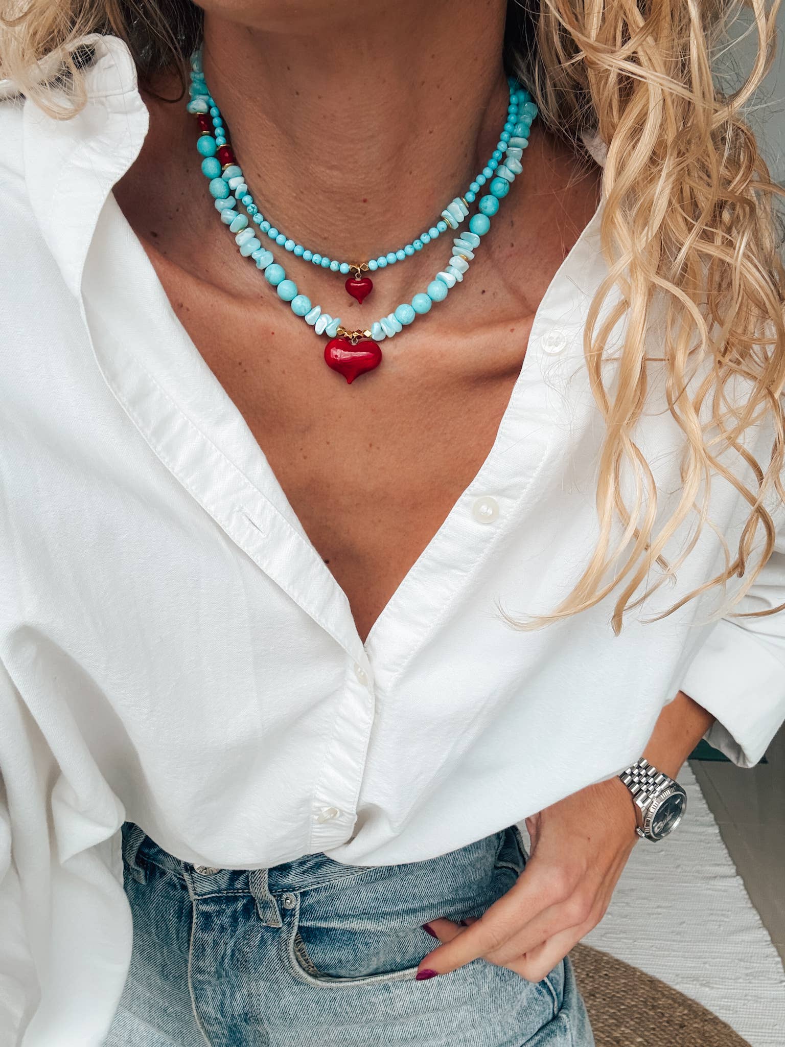 Goupi - Wholesale Kralen/parelketting - Hoeliet turquoise kralen ketting met rood hart, set van twee6