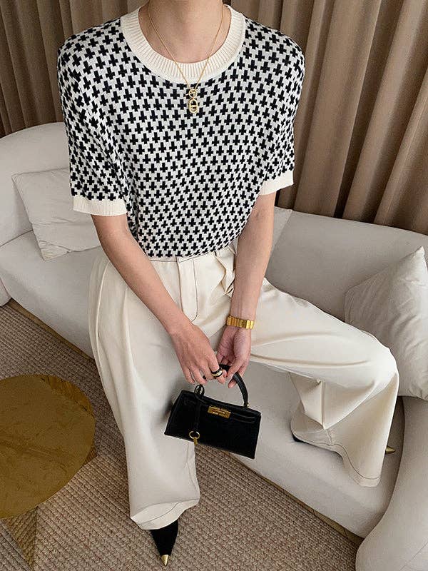 BLACK Half Sleeves Houndstooth Round-Neck Sweater Tops for wholesale on Faire7