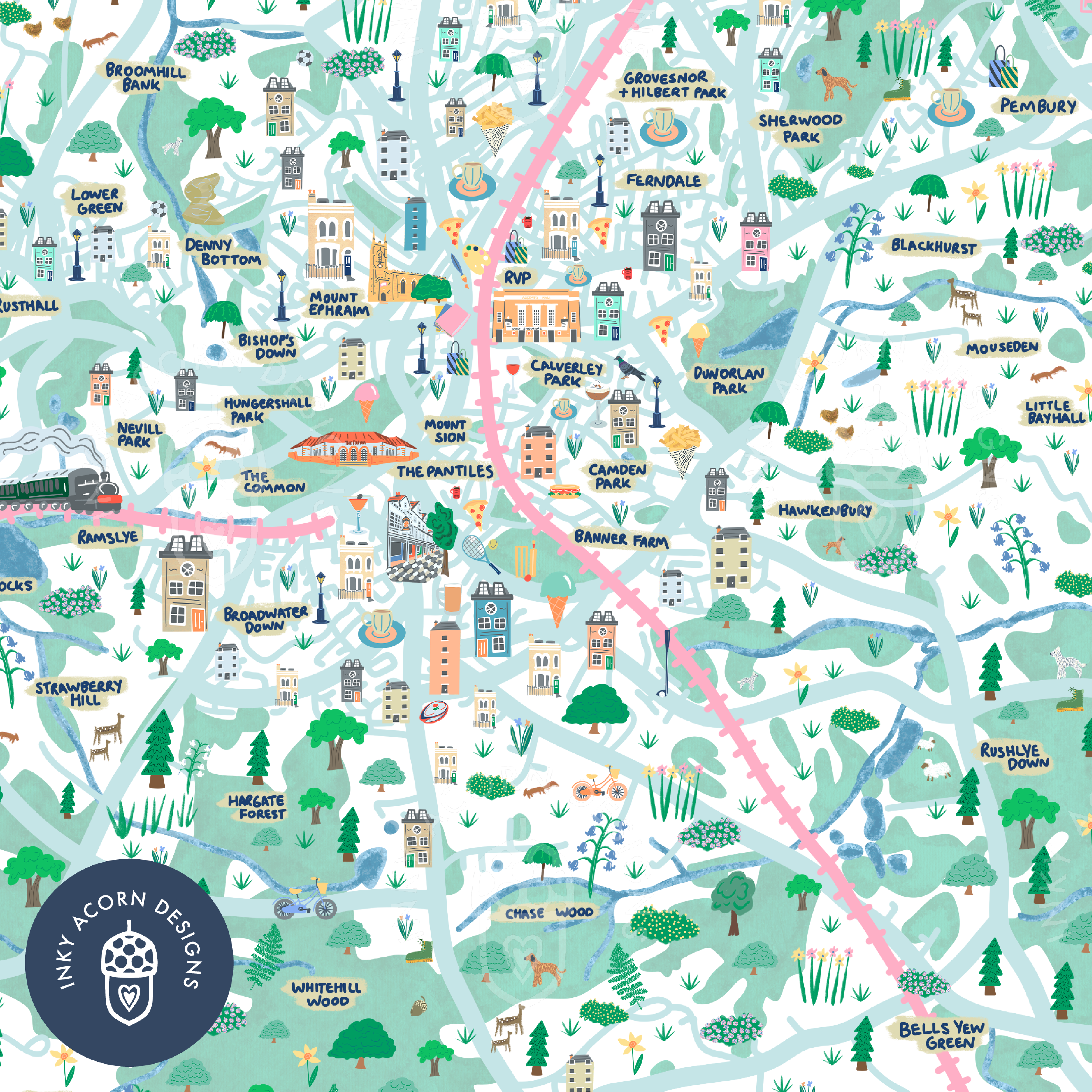 Inky Acorn Designs - Wholesale Art Print - Tunbridge Wells Illustrated Map Signed Art Print3