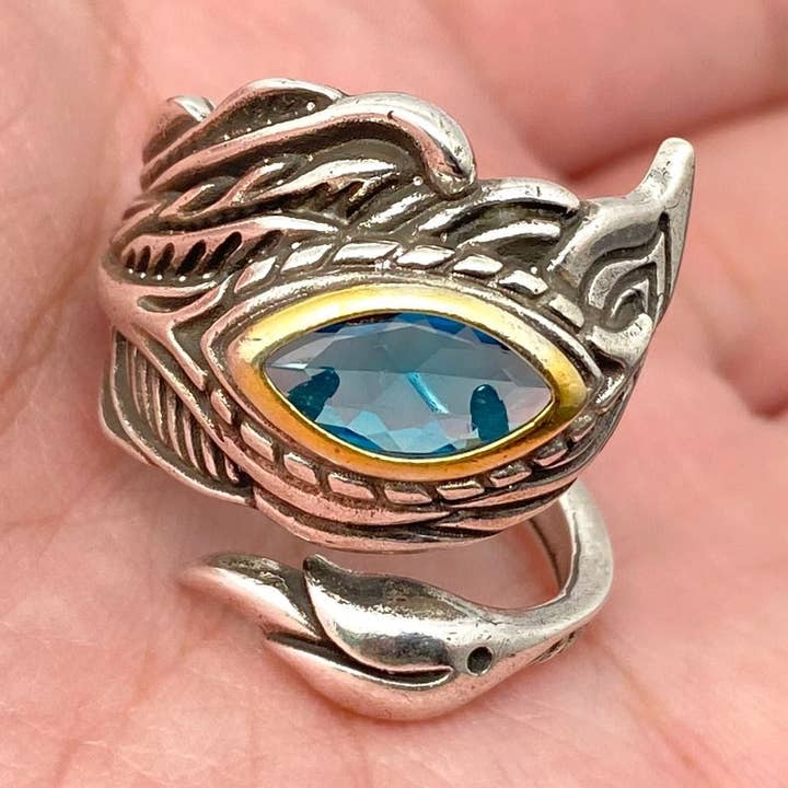 Vintage Blue CZ Feather Shape Silver Plated Ring - GT for wholesale by Mio Queena