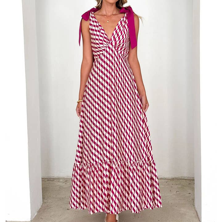 Lace-up V-neck print fashion loose long dress for wholesale by Lily Clothing