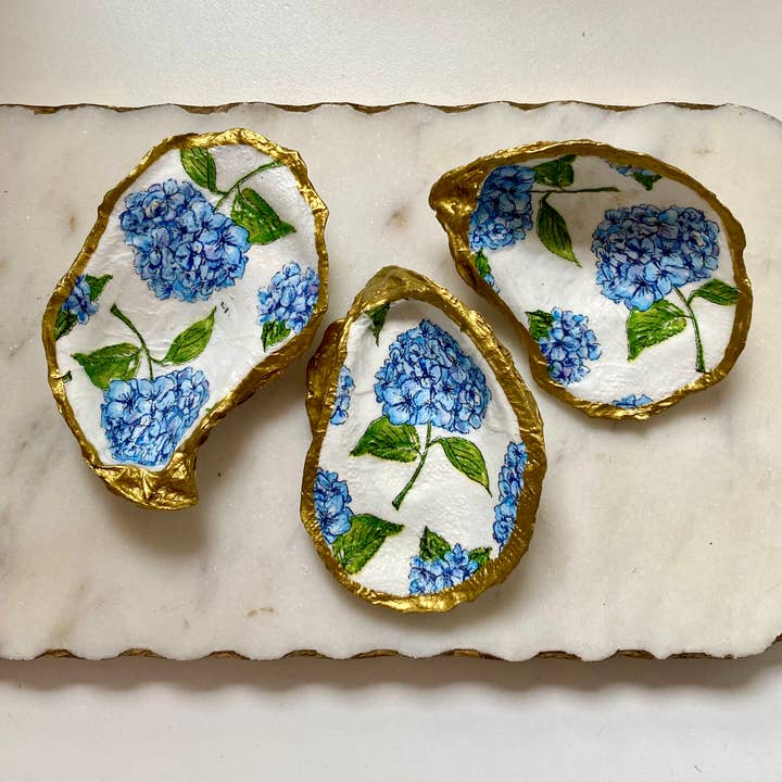 Del Mar Designs DC - Wholesale Jewelry Dish - Blue Hydrangea Oyster Shell Jewelry Dish