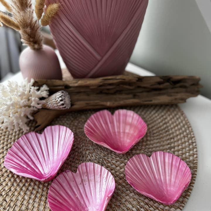 Salty Sea Company - Wholesale Keychain - Women's - Pink Painted Heart Shaped Scallop Shells - Set of 6