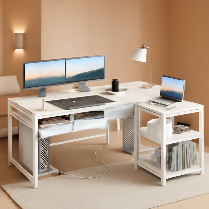 White 53In LShaped Computer Desk With Power Outlets Home Office for wholesale on Faire