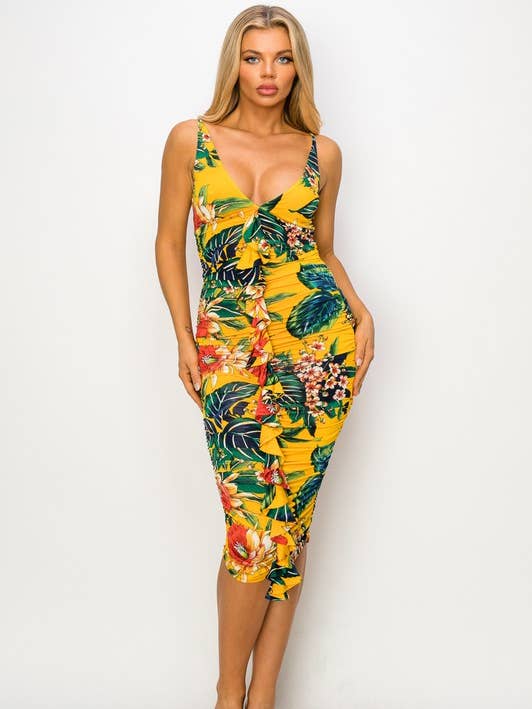 Kimcine - Wholesale Dress - Women's - D20096-Open V-Neck Flower Print0