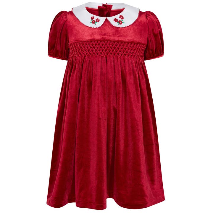 Robe pour bébé Little Princess Cherry en velours smocké à la main, rouge pour la vente par Holly Hastie London