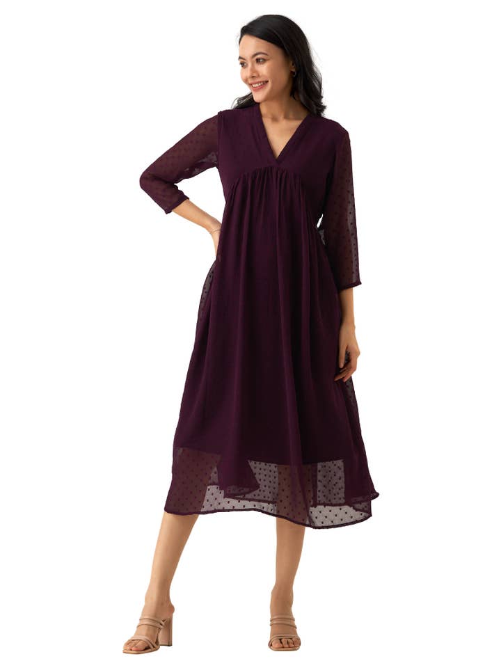Wine Chiffon Brasso Swiss Dot V-Neck Dress for wholesale by STYLE INSTANT