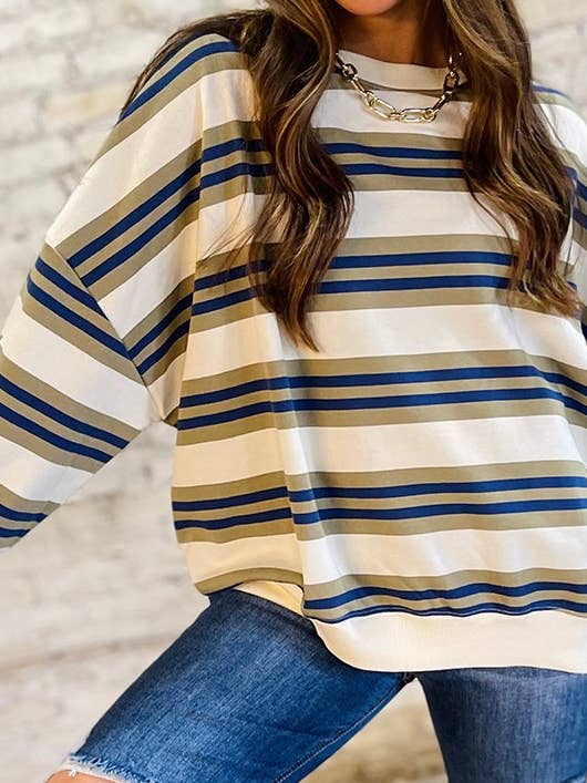 Stripe Crew Neck Drop Shoulder Pullover Sweatshirt for wholesale by Umorger