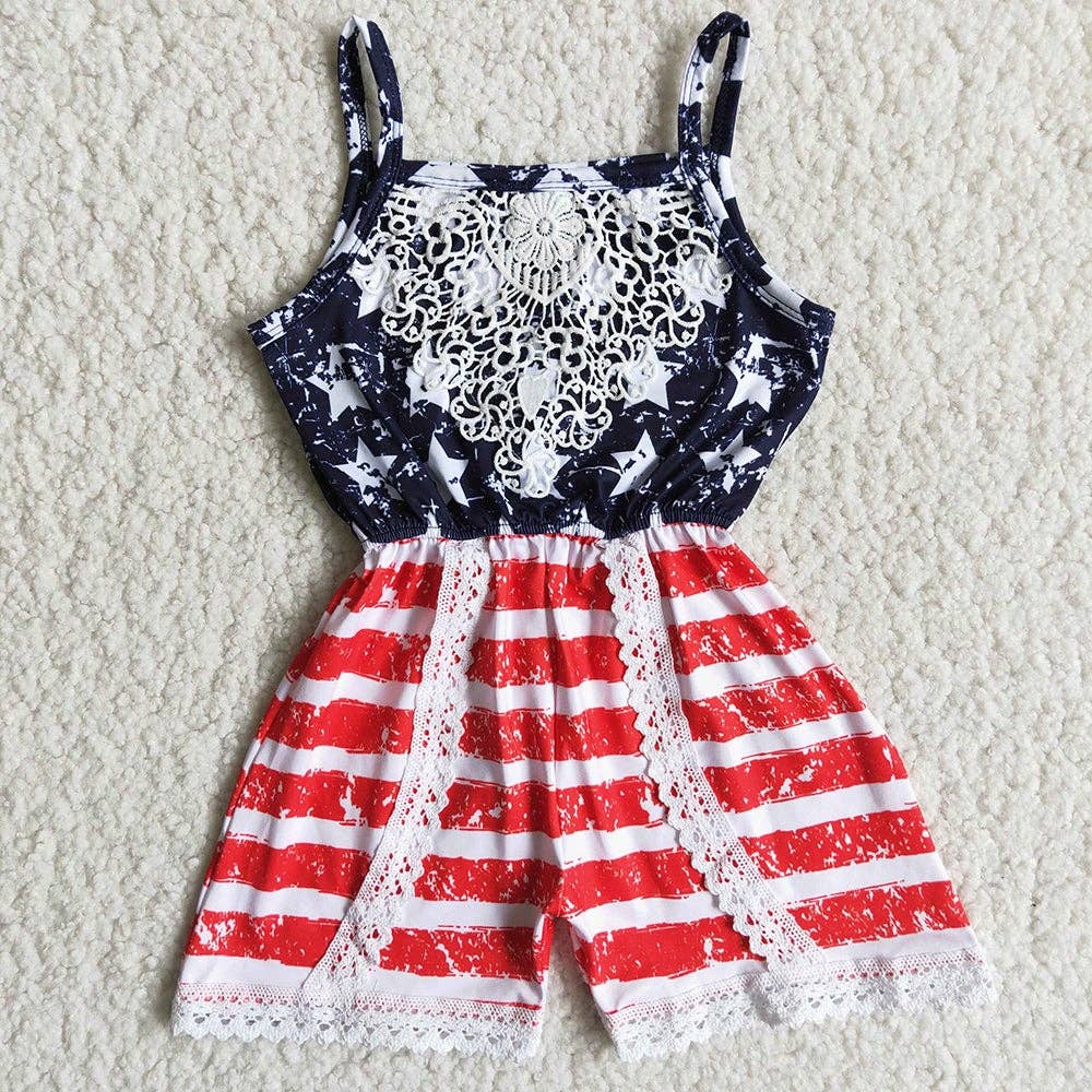 Hair Strap Set Chinaware 4th of July Baby Flying Sleeve Lace Side Star Stripe Printed Romper Jumpsuit Outfit