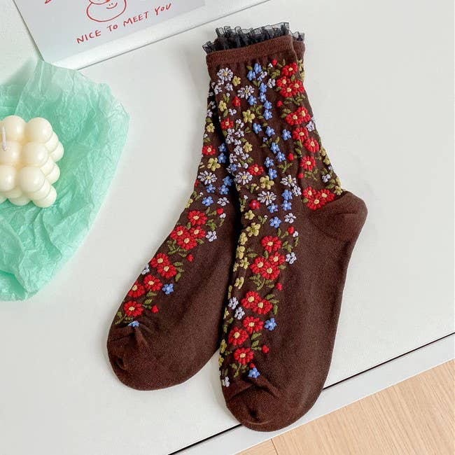 Retro Forest Floral Lace Cuff Socks for wholesale by MKS America