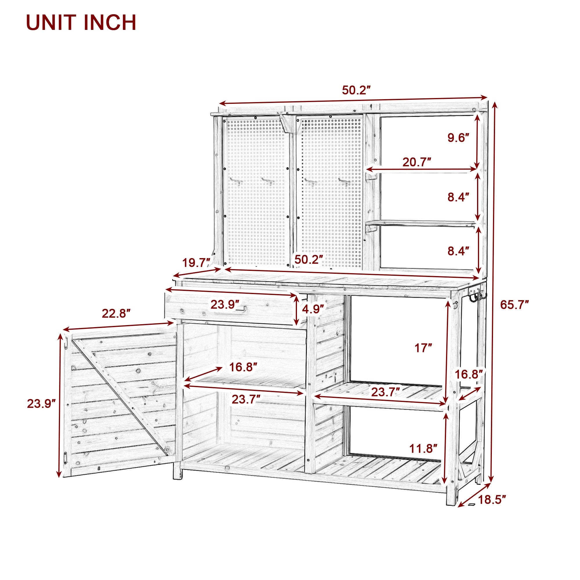 39F Inc. - Vente Bibelots/décorations d'extérieur - Banc de rempotage en bois de sapin blanc avec crédence, poste de travail de jardin7