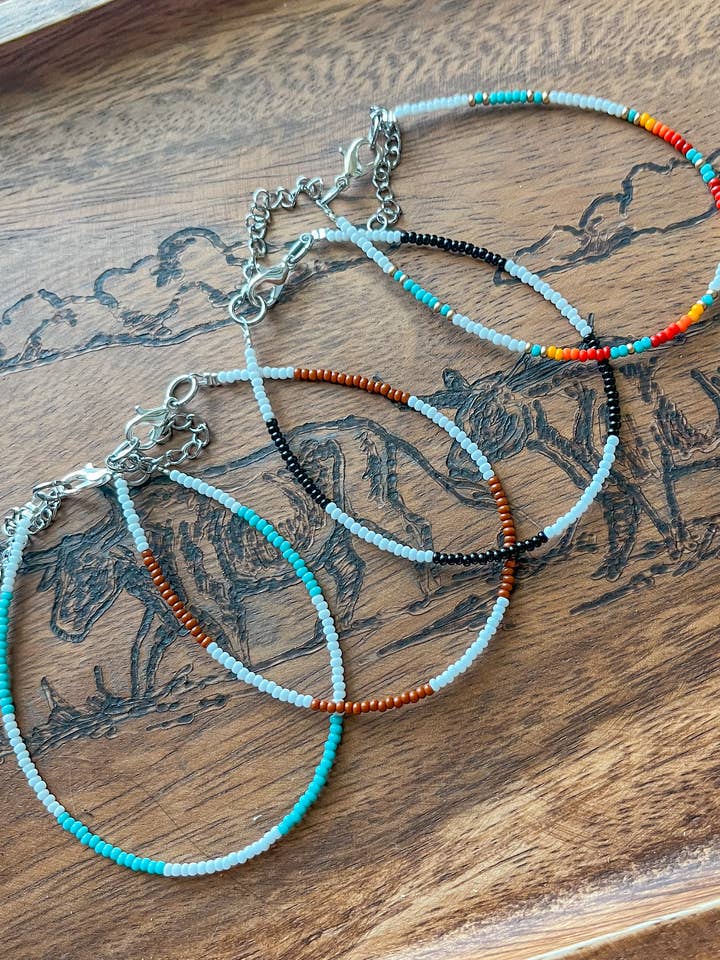 Western Boho Neutral Checker Hand Beaded Anklet for wholesale by Flying A Designs