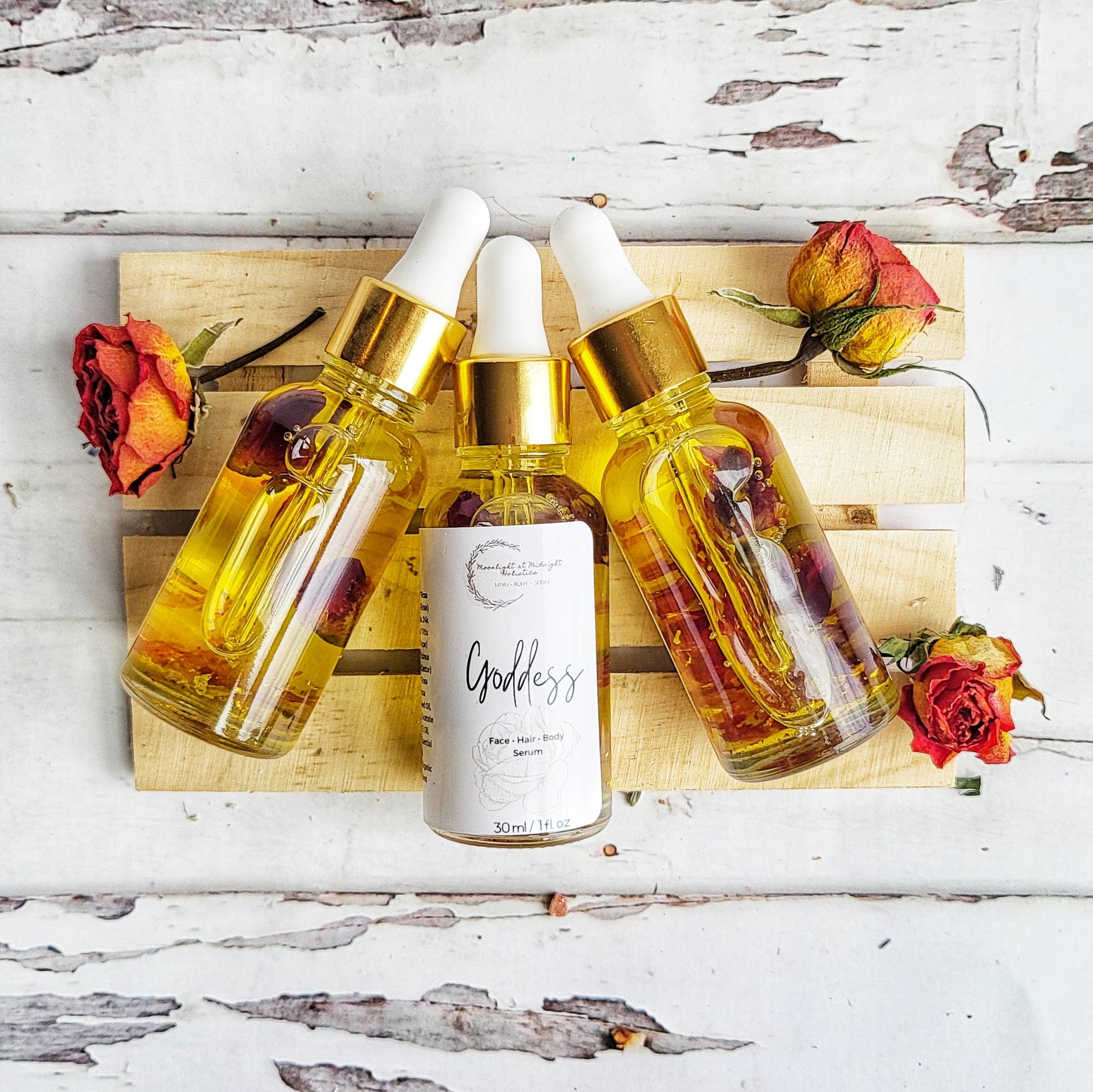 Moonlight at Midnight Holistics - Wholesale Facial Serum/Concentrate - The Goddess Organic 24K Gold & Rose Floral Face Oil Serum