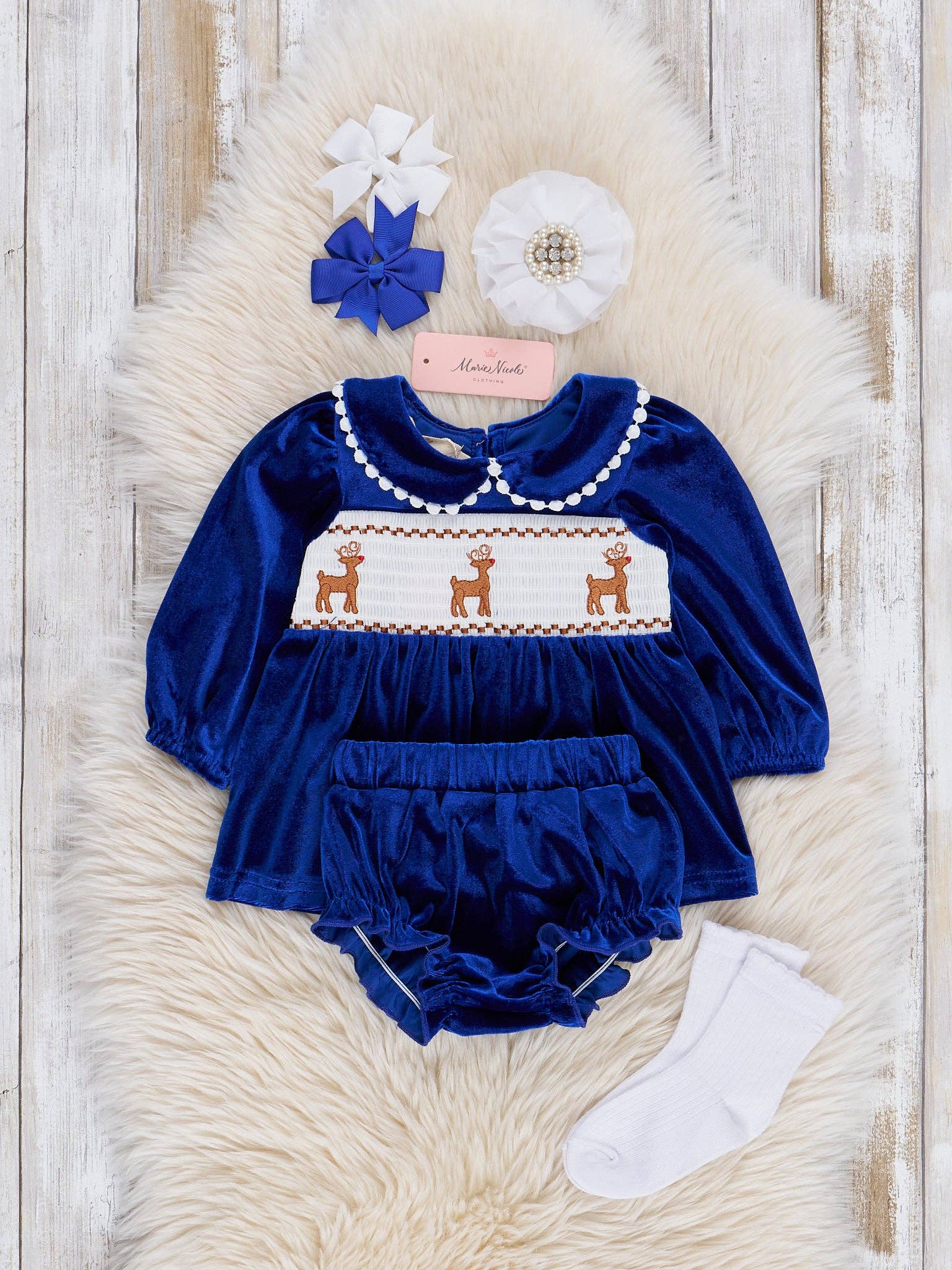 Marie Nicole Clothing - Wholesale Clothing Set - Baby - Royal Blue Smocked Reindeer Velvet Bloomers Outfit1