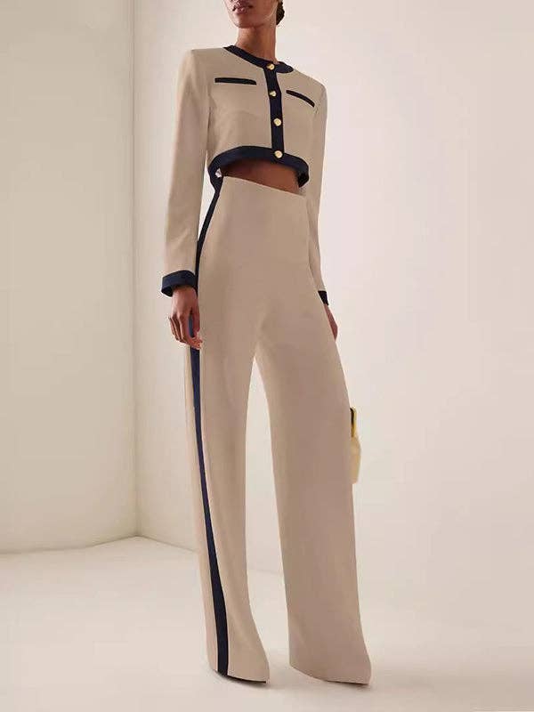 Sheer Trend – Engroshandel Top- og buksesæt (IKKE Loungewear) - Dame – Langærmer Knappede split-joint rundhalsede bluser og skjorter Toppe + Bukser med høj talje Nederst i to dele5