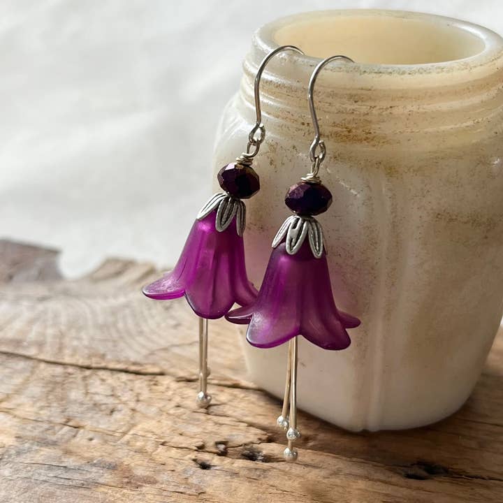 Purple Flower Earrings Lucite and Crystal Vintage Style for wholesale by Fuchsia Bloom Studio