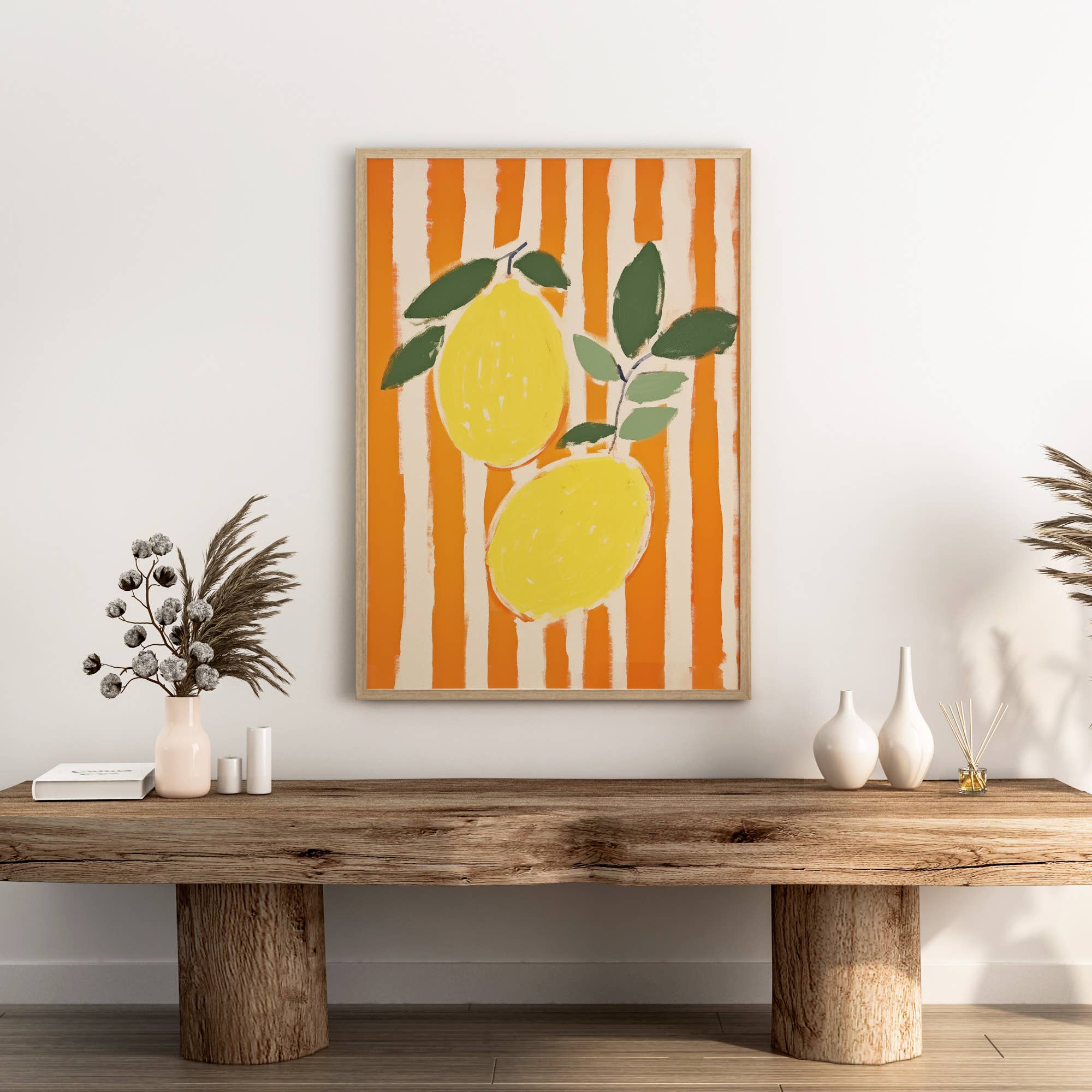 Sugar & Canvas - Wholesale Art Print - Lemons on Orange Stripes Aesthetic Art Print MA1334