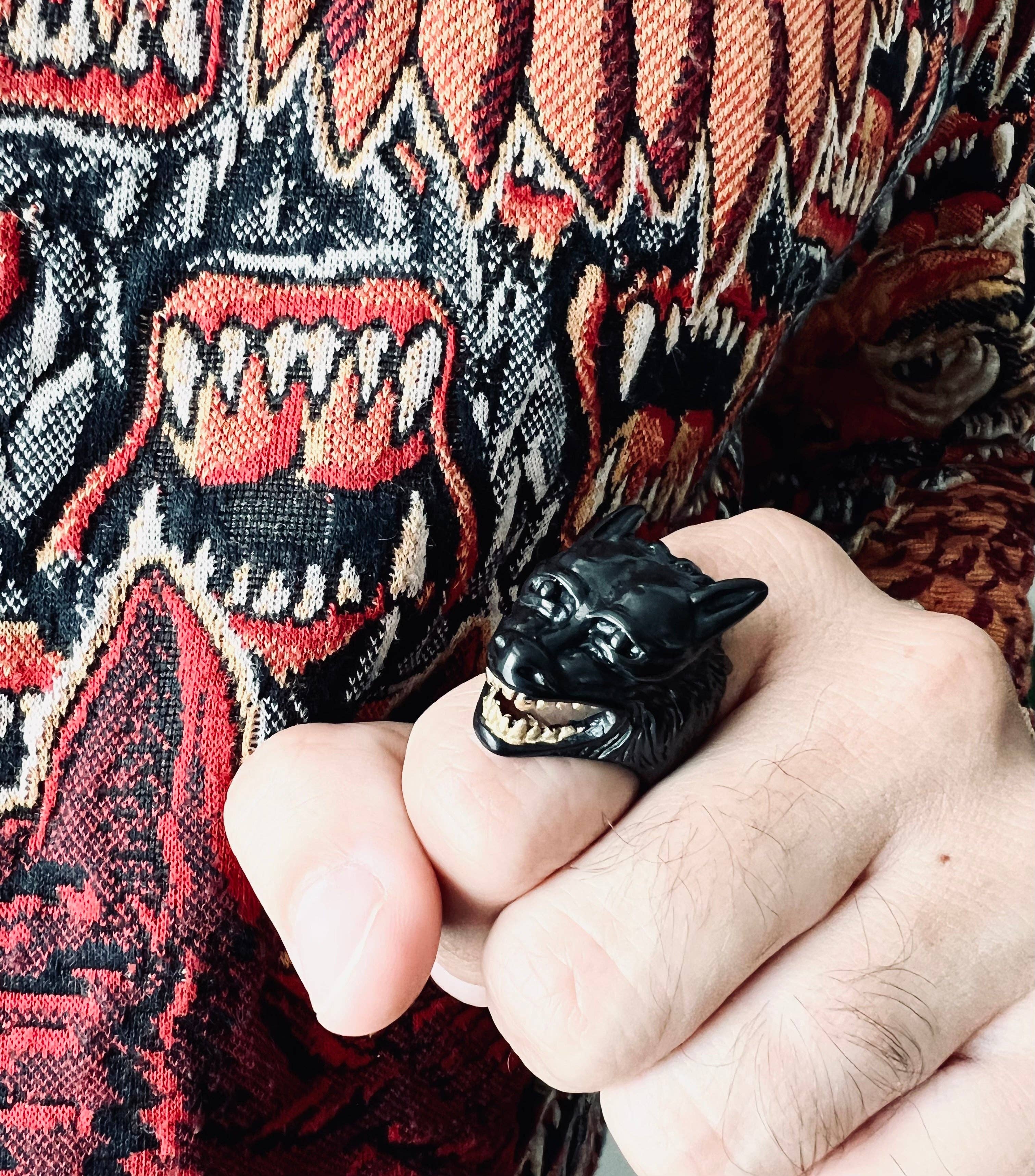 WJW - Wholesale Cocktail/Statement Ring - Stainless Steel Black Wolf With 18K Gold PVD Coated Teeth Ring6