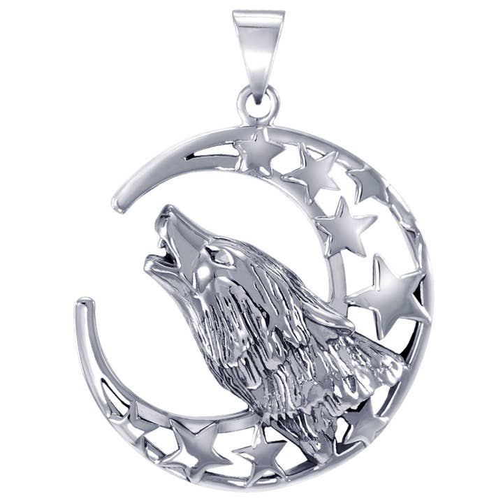 Howling Wolf at Moon Sterling Silver Pendant Necklace for wholesale by Silver Insanity