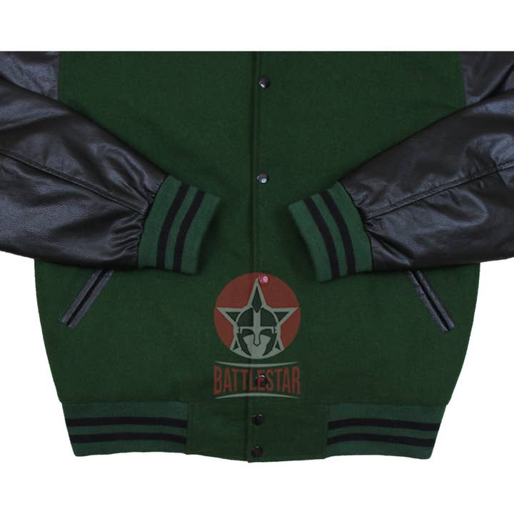 Eastworth Industries - Wholesale Varsity/Baseball Jacket - Men's - Forest Green Wool Black Leather Varsity Baseball Bomber Jacket2