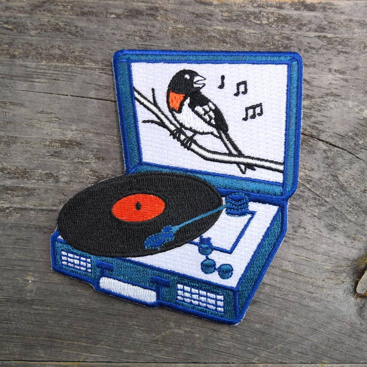 Songbird Record Player Embroidered Patch for wholesale by Quiet Tide Goods