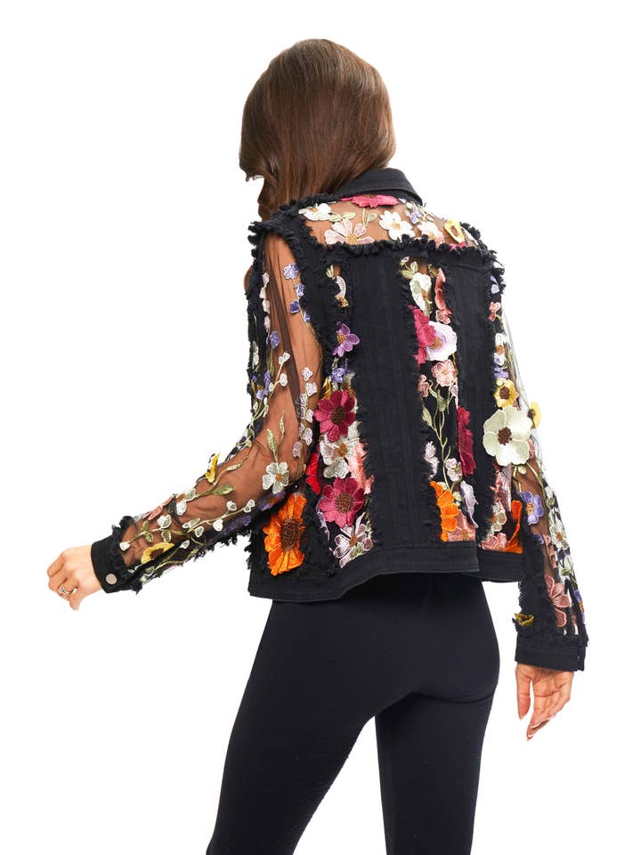 2406B Black Denim Lace Jacket with Floral Embroidery for wholesale on Faire7