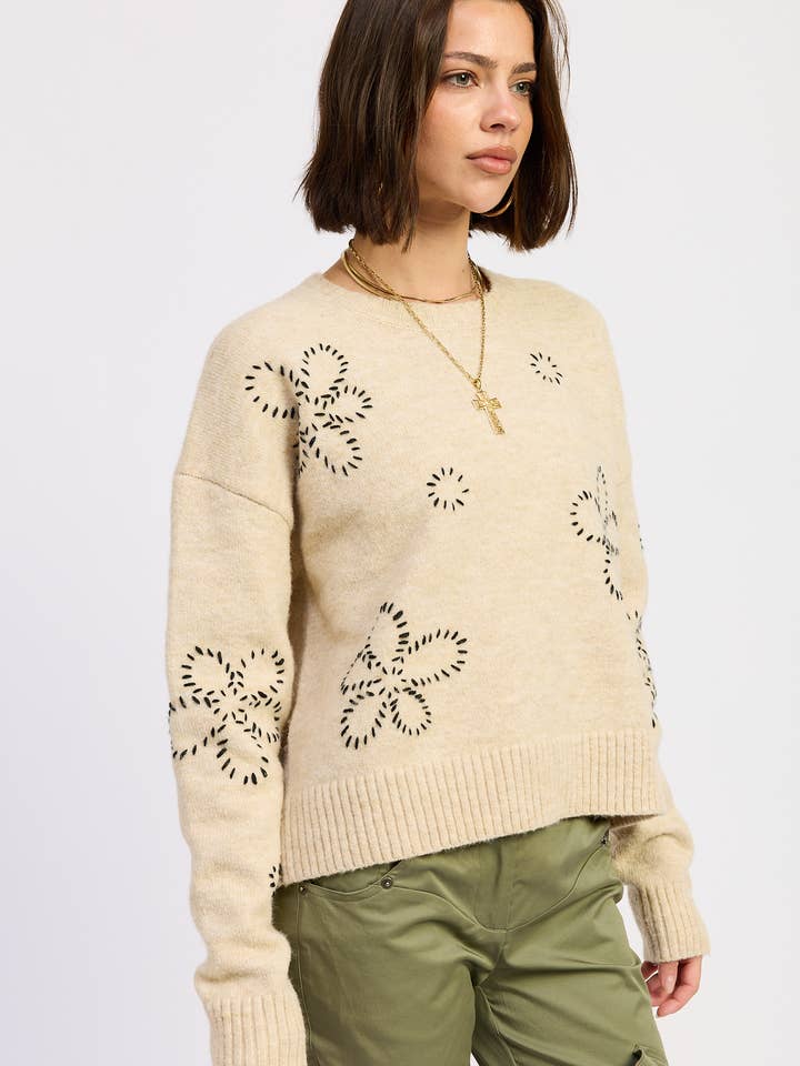 OAT FLORAL WHIPSTITCH SWEATER for wholesale on Faire7