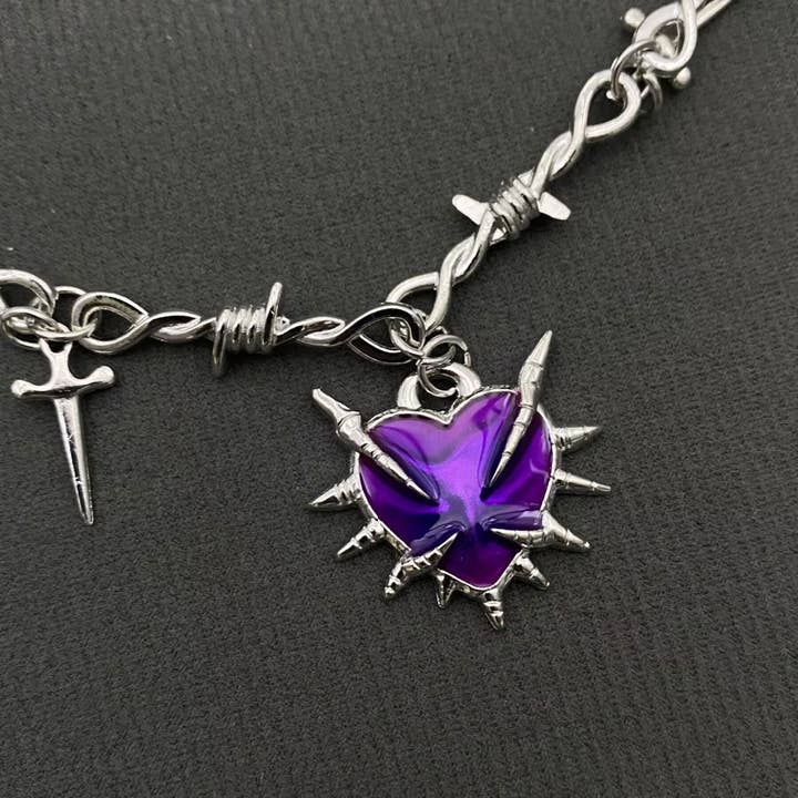 Gothic Purple Thorns Heart Dagger Charm Necklace - GT for wholesale by Mio Queena