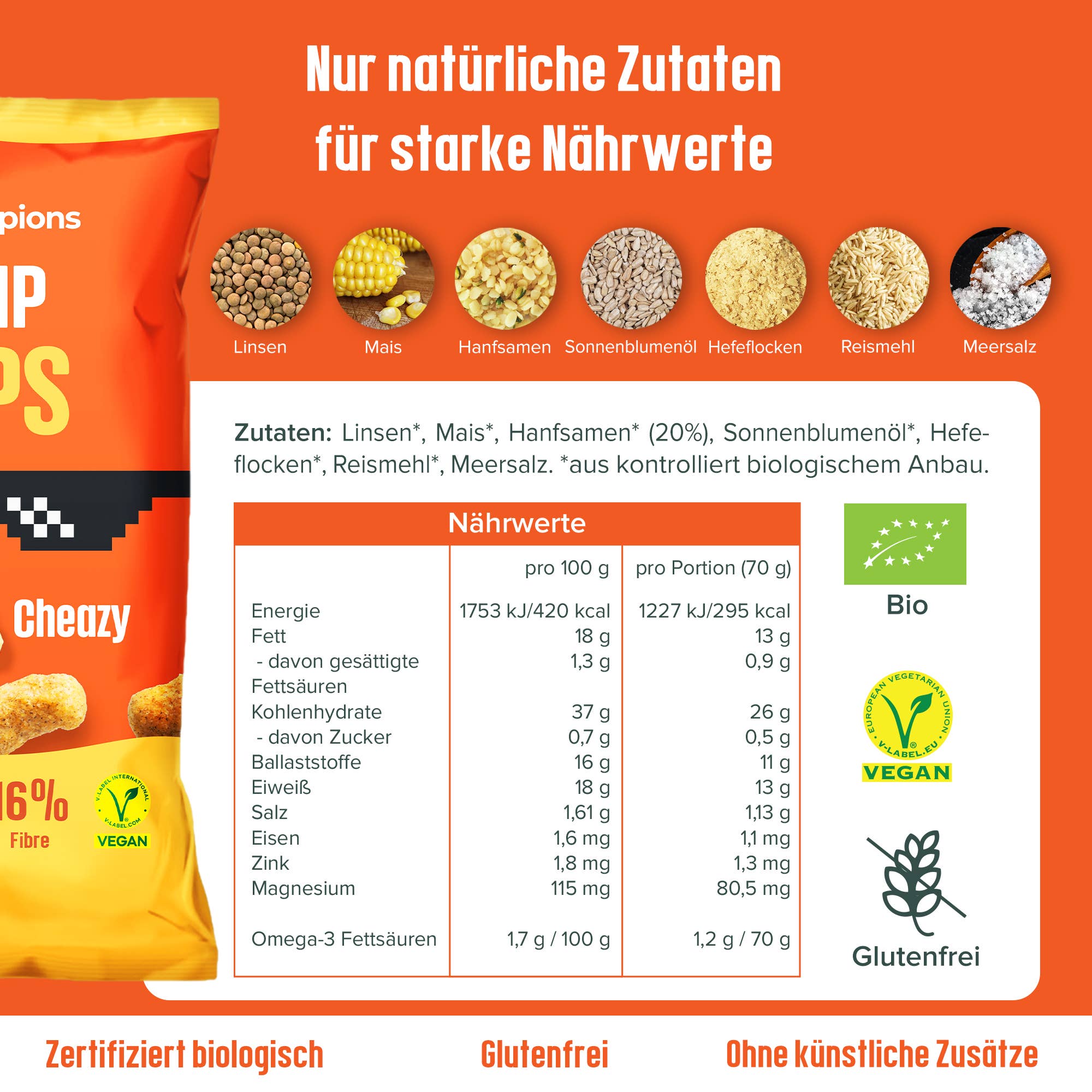 Hempions - Venta al por mayor Aperitivos inflados - Hemp Flips Cheazy orgánicos, 70 g – Snack de cáñamo sin gluten3