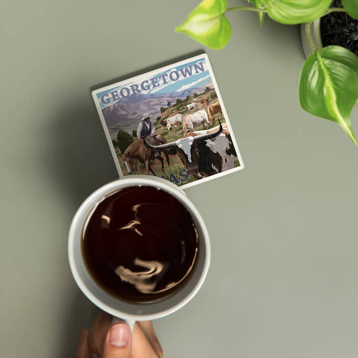 Lantern Press - Wholesale Coasters - CERAMIC COASTER Georgetown, Texas, Longhorns