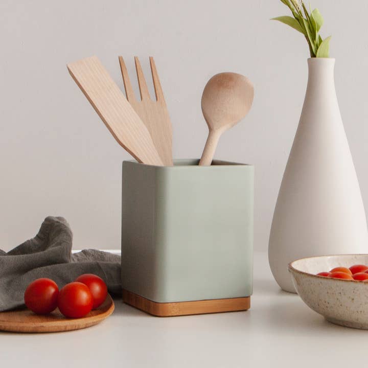 Kook Shop - Wholesale Utensil Holder - SQUARE bamboo base kitchen utensil holder - sage4