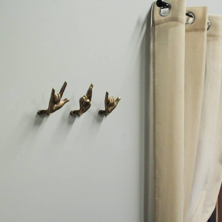 Zeckos – wholesale Wall hook – Set of 3 Antique Gold Cast Iron Hand Gesture Wall Hooks