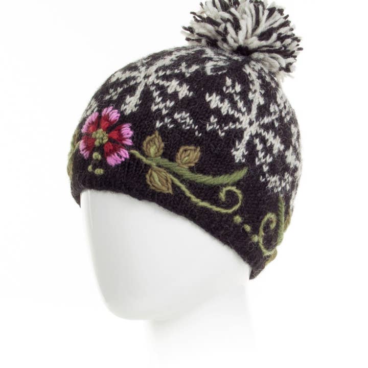 Lost Horizons Knitwear – Ships from USA - Wholesale Beanie - Women's - Eleanor Beanie Hat with Embroidered Floral Detail