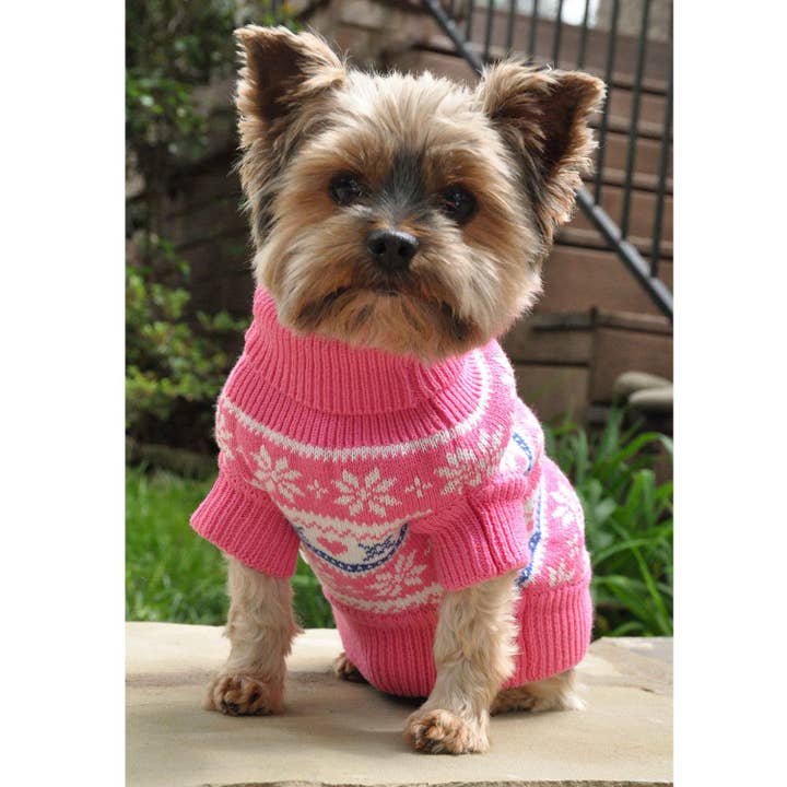 Doggie Design – Großhandel Haustier-Pullover – Hund – Hundepullover aus gekämmter Baumwolle mit Schneeflocken und Herzen, Rosa1