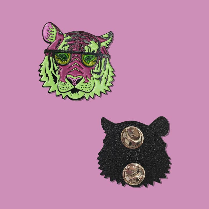 Brianna Gardocki Art - Wholesale Lapel Pin/Button - Pink and Blue Tiger Enamel Pin, Cool, Cat4