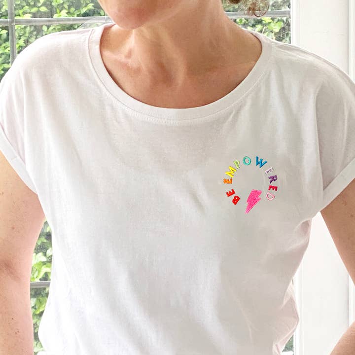 Be Empowered Embroidered White T-Shirt for wholesale by Percy and Nell Retail Limited