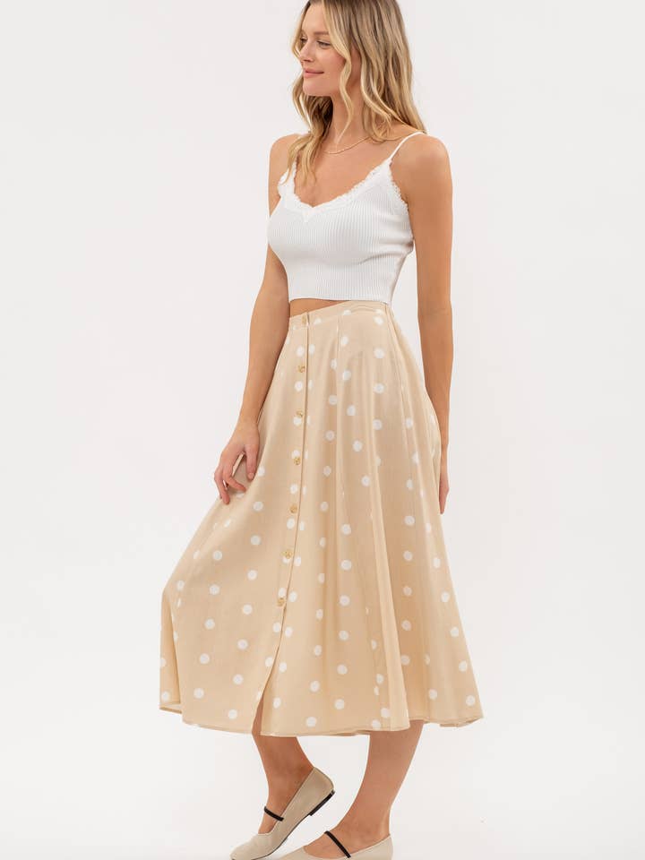 Blu Pepper - Wholesale Skirt - Women's - POLKA DOT BUTTON DOWN MIDI SKIRT