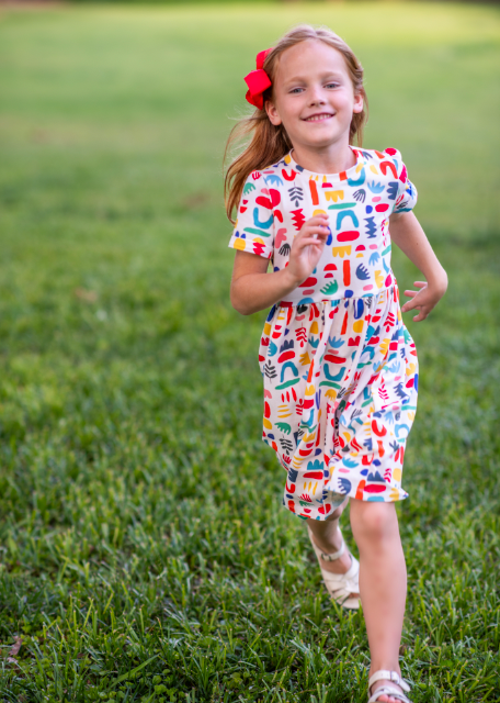 Minna - Wholesale Dress - Kids -  Short Sleeve Jersey Twirl Dress - Colorful Retro Shapes11