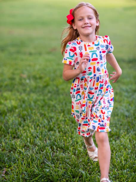 Minna - Wholesale Dress - Kids - Short Sleeve Jersey Twirl Dress - Colorful Retro Shapes11