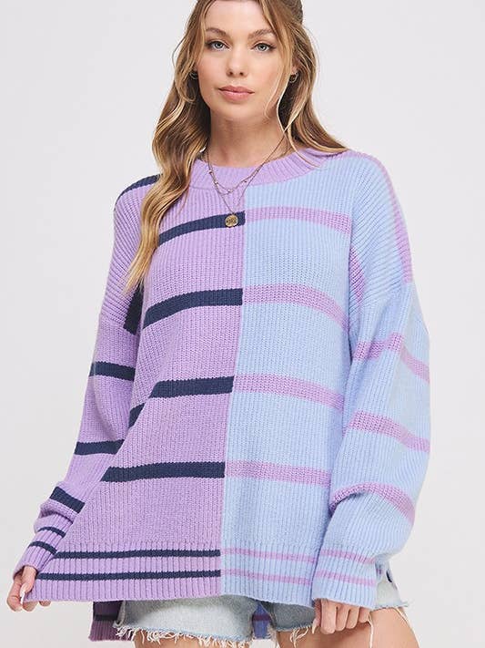 LANGÄRMLIGER GESTREIFTER FARBBLOCKPULLOVER MIT RUNDHALSAUSSCHNITT IN ÜBERGRÖSSE für den Großhandel von JADE BY JANE