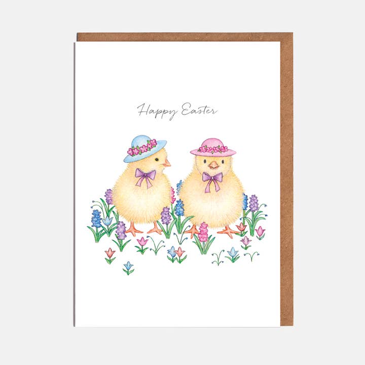 Chicks in Hats Floral Easter Card - 'Happy Easter' for wholesale by Lottie Murphy